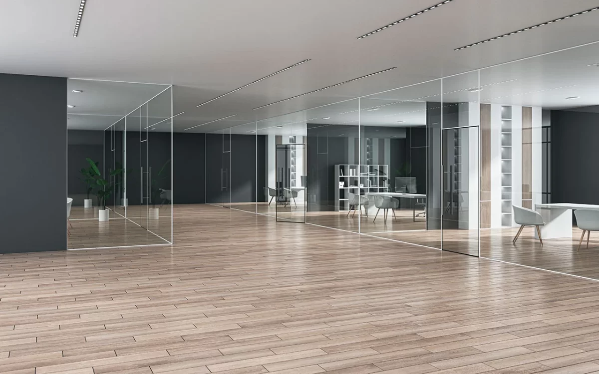 crisvisa-extraclaro-perspective-view-on-modern-spacious-office-hall-with-stylish-furnished-cabinets-behind-glass-partitions-and-wooden-floor-on-dark-walls-background-3d-rendering