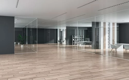 crisvisa-extraclaro-perspective-view-on-modern-spacious-office-hall-with-stylish-furnished-cabinets-behind-glass-partitions-and-wooden-floor-on-dark-walls-background-3d-rendering