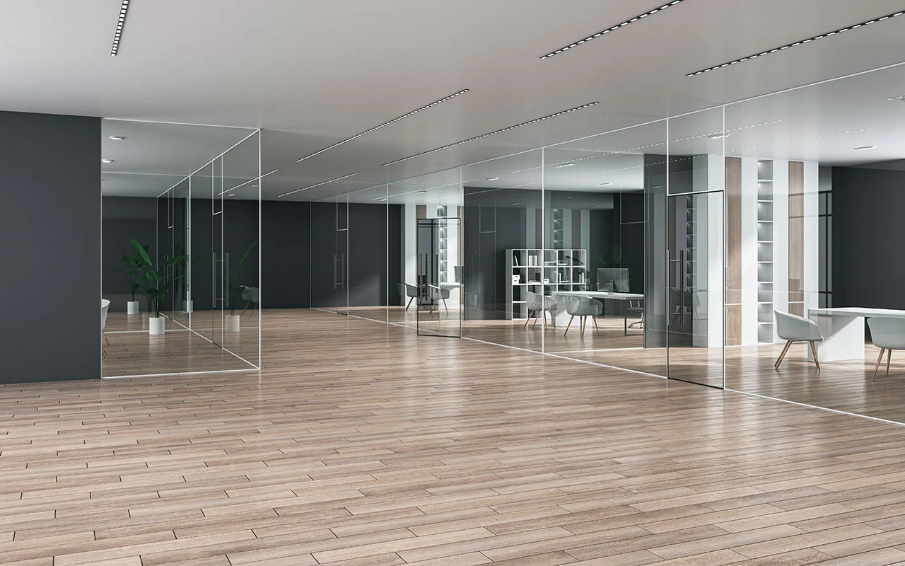 crisvisa-extraclaro-perspective-view-on-modern-spacious-office-hall-with-stylish-furnished-cabinets-behind-glass-partitions-and-wooden-floor-on-dark-walls-background-3d-rendering crisvisa-extraclaro-perspective-view-on-modern-spacious-office-hall-with-stylish-furnished-cabinets-behind-glass-partitions-and-wooden-floor-on-dark-walls-background-3d-rendering