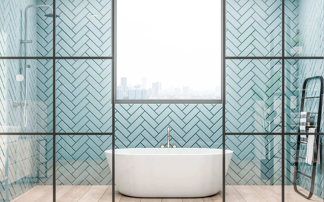 crisvisa-timeless-front-view-on-stylish-white-bath-with-metallic-faucet-under-the-window-with-city-view-black-modern-towel-rail-and-glass-partitions-in-sunny-bathroom-3d-rendering crisvisa-timeless-front-view-on-stylish-white-bath-with-metallic-faucet-under-the-window-with-city-view-black-modern-towel-rail-and-glass-partitions-in-sunny-bathroom-3d-rendering